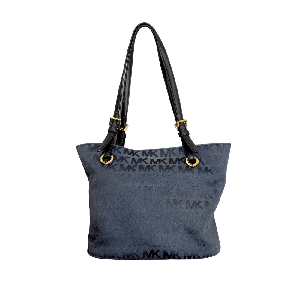 Michael Kors Navy Blue MK Logo Jacquard Tote Bag Gold Hardware